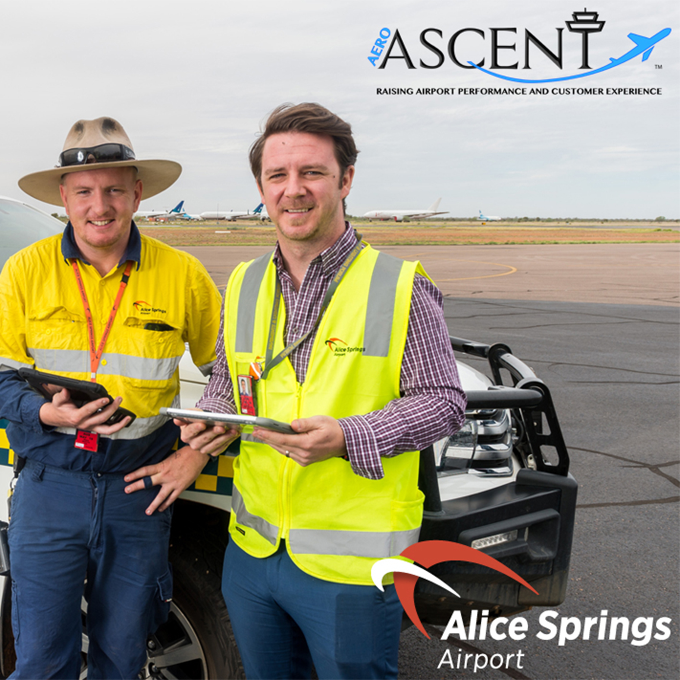 Davy Semal, Alice Springs Airport Manager Operations (right), with Reporting Officer, Shane Martyn, on the tarmac with the new AeroAscent TrackerAIRSIDE tracking technology that was launched on Monday.